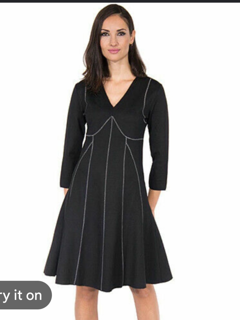 Desigual Black White Contrast Seamed V-Neck Long Sleeve A-Line Flowy Dress L